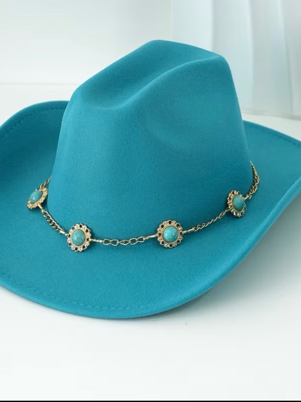 🆕 Turquoise Felt Cowboy Hat with Decorative Chain - Picture 3 of 3
